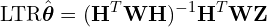 \[\text{\textdir LTR}\hat{\boldsymbol{\theta}} = (\mathbf{H}^T \mathbf{W}\mathbf{H})^{-1}\mathbf{H}^T\mathbf{W}\mathbf{Z}\]