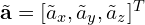 \tilde{\mathbf{a}} = [\tilde{a}_x, \tilde{a}_y, \tilde{a}_z]^T