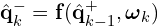 \hat{\mathbf{q}}_k^- = \mathbf{f}(\hat{\mathbf{q}}_{k-1}^+, \boldsymbol{\omega}_k)