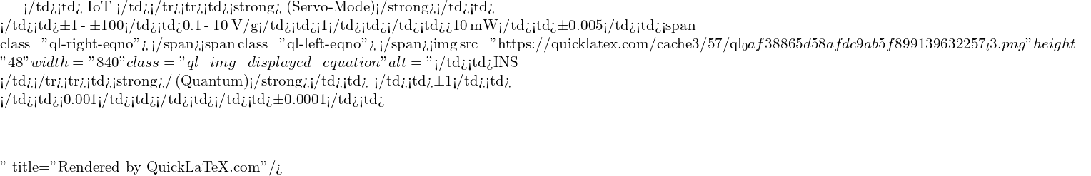 </td><td>حسگر IoT، محیطی</td></tr><tr><td><strong>سروومد (Servo-Mode)</strong></td><td>بازخورد نیروی فیدبک</td><td>&plusmn;1 - &plusmn;100</td><td>0.1 - 10 V/g</td><td><1</td><td>✔</td><td>>10 mW</td><td>&plusmn;0.005</td><td><span class="ql-right-eqno">   </span><span class="ql-left-eqno">   </span><img src="https://quicklatex.com/cache3/57/ql_0af38865d58afdc9ab5f899139632257_l3.png" height="48" width="840" class="ql-img-displayed-equation " alt="\[$</td><td>INS، ناوبری نظامی</td></tr><tr><td><strong>کوانتومی/اتم‌سرد (Quantum)</strong></td><td>تداخل موج ماده</td><td>&plusmn;1</td><td>وابسته به &Delta;&phi;</td><td><0.001</td><td>✔</td><td>بالا</td><td>&plusmn;0.0001</td><td>\]" title="Rendered by QuickLaTeX.com"/>