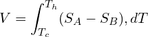 \[V = \int_{T_c}^{T_h} (S_A - S_B) , dT\]