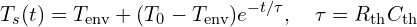 \[T_s(t) = T_{\text{env}} + (T_0 - T_{\text{env}}) e^{-t/\tau}, \quad \tau = R_{\text{th}} C_{\text{th}}\]
