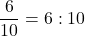 \[ \quicklatex \frac{6}{10} = 6 : 10 \]